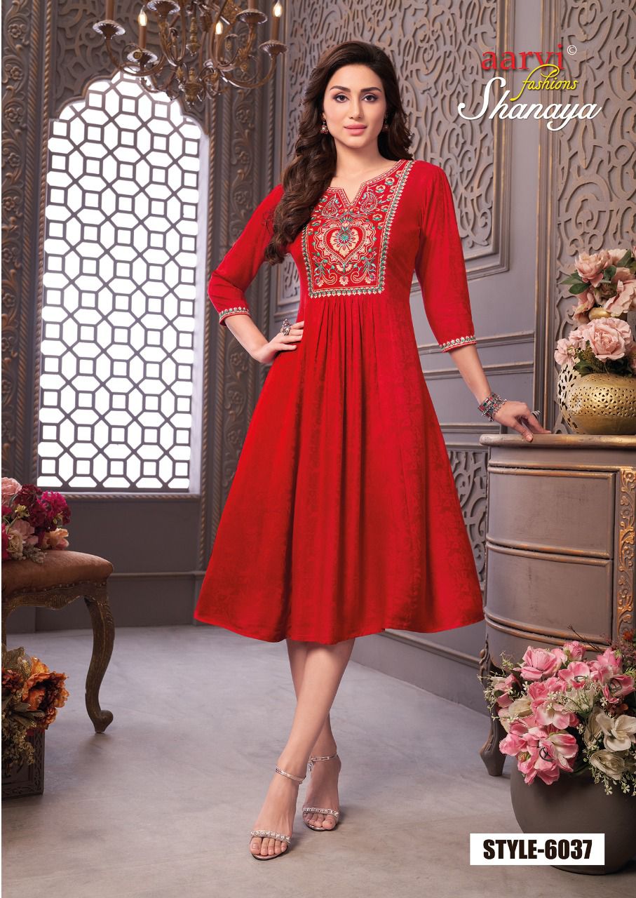 Aarvi Shanaya 4 rayon Designer Fancy Wear Embroidery Kurti Collection